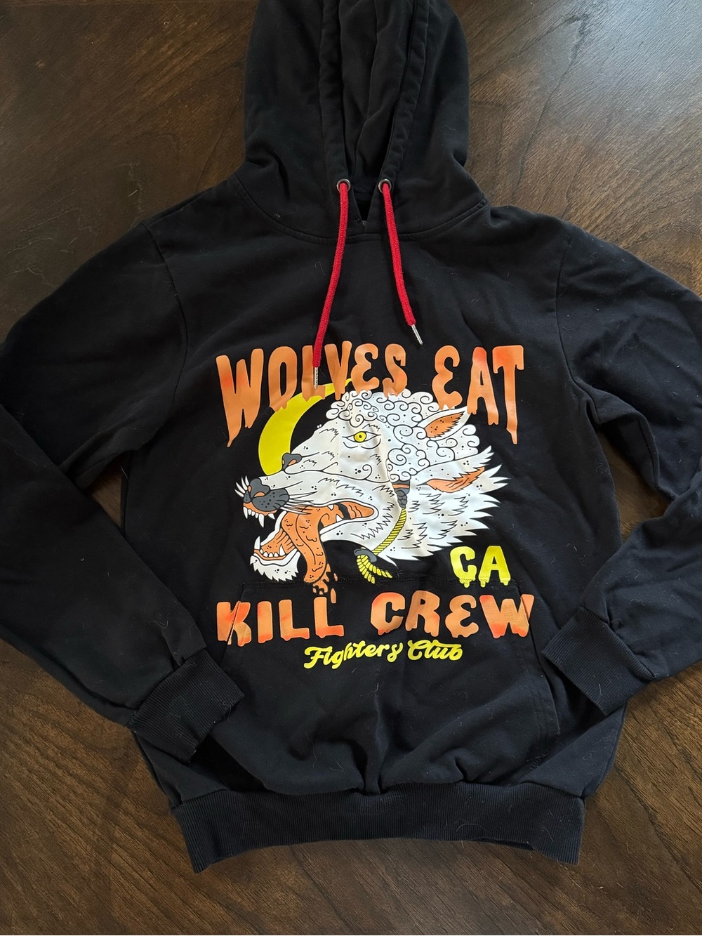 Kill Crew Black Hoodie with Wolves Eat Graphic and Red Drawstrings